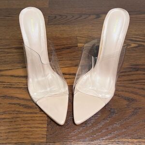PrettyLittleThing Nude pointed toe and a transparent/clear strap heel size 9